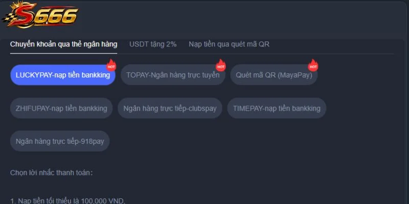 Những hình thức nạp tiền S666 thông dụng 